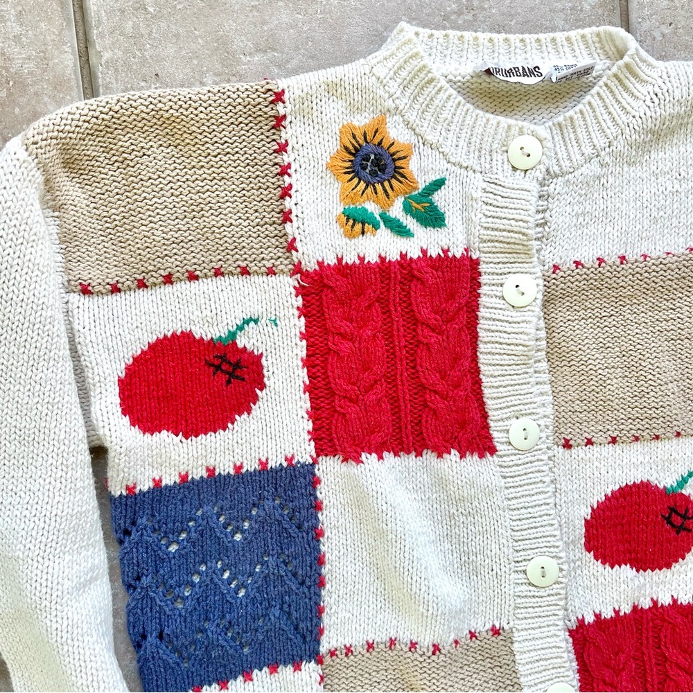 Vintage Knitted Patchwork Cardigan Women’s Red White Blue Fruits Sunflower Large - Picture 6 of 12